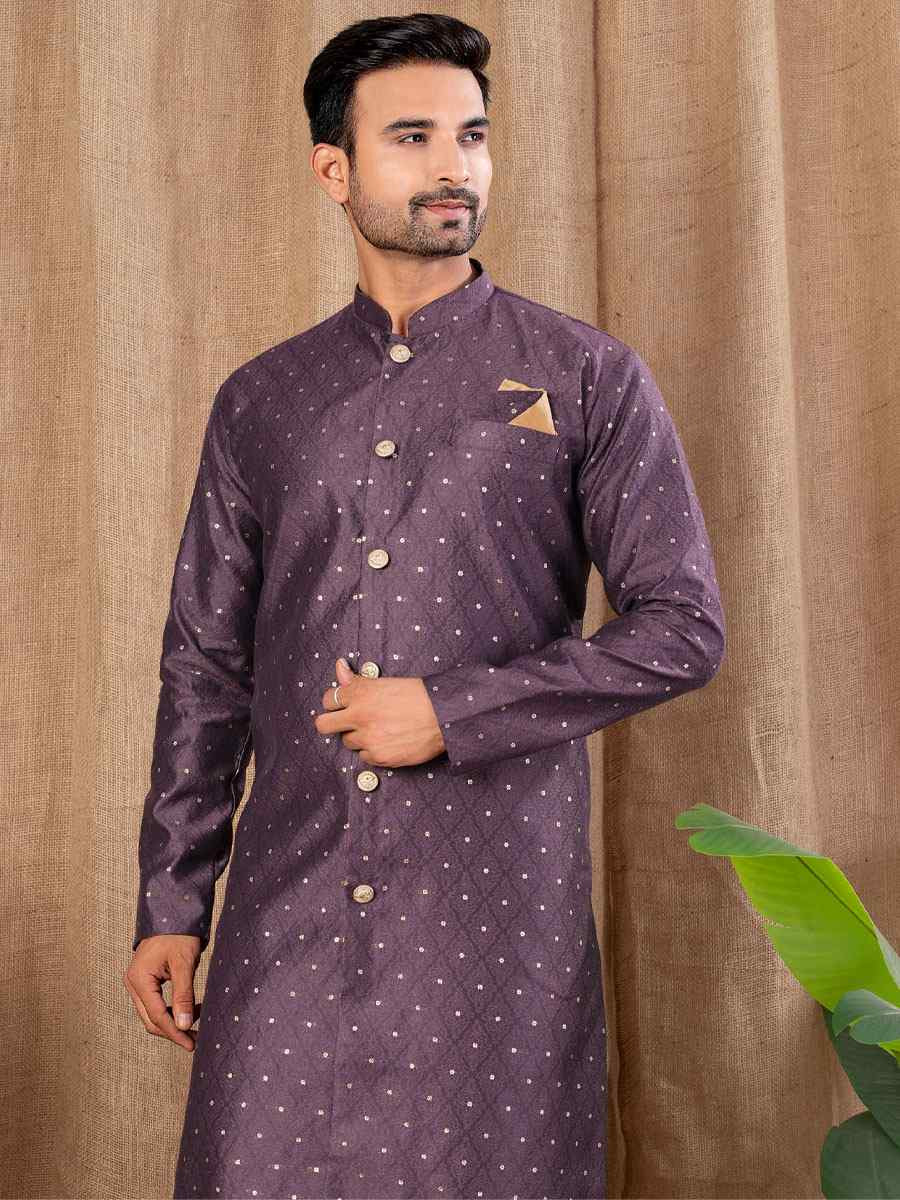 Wine Jacquard Embroidery Festival Wedding Party Mens Kurta