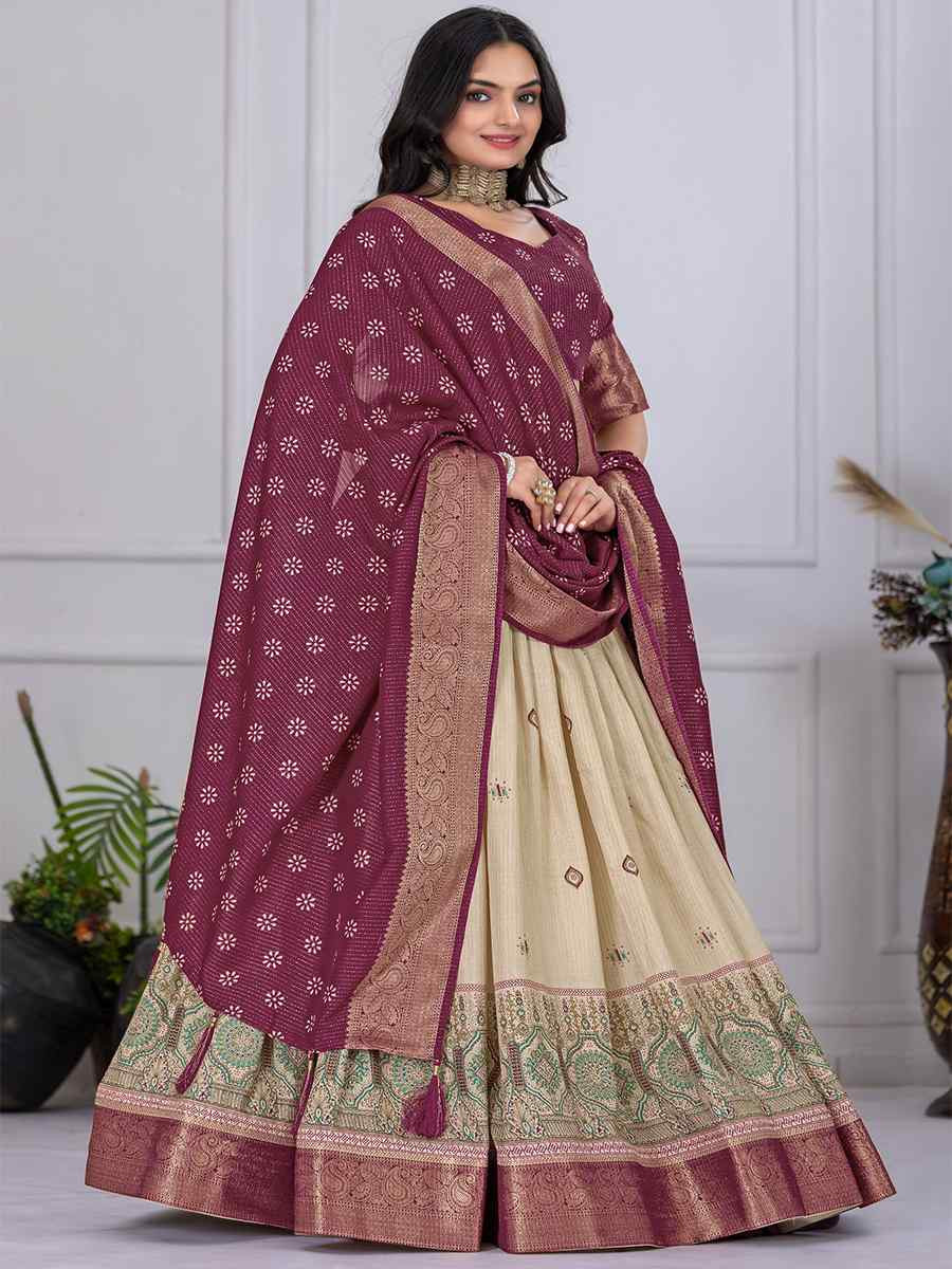 Wine Jacquard Silk Printed Bridesmaid Wedding Heavy Border Lehenga Choli
