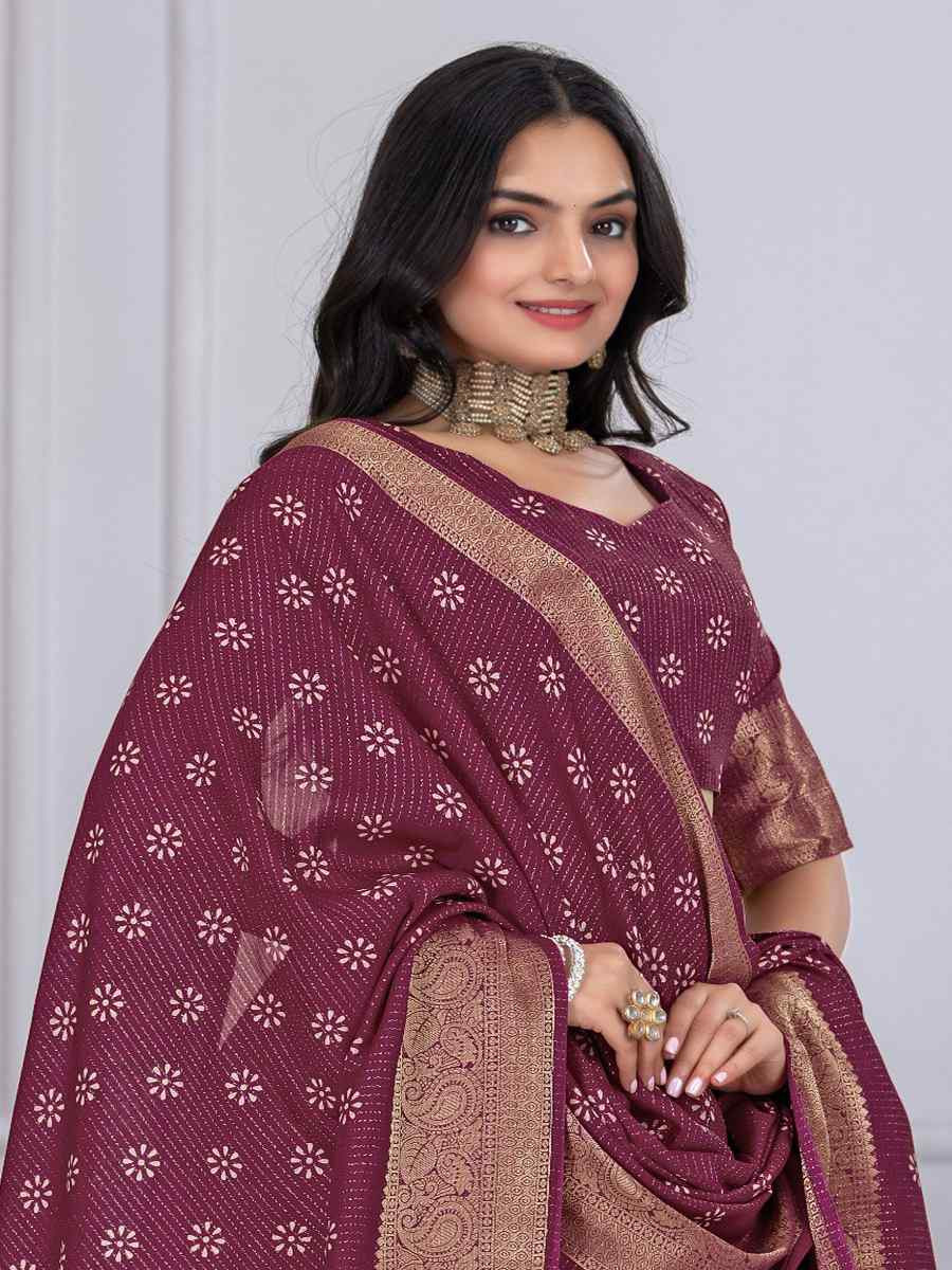 Wine Jacquard Silk Printed Bridesmaid Wedding Heavy Border Lehenga Choli