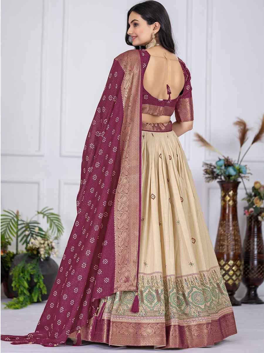 Wine Jacquard Silk Printed Bridesmaid Wedding Heavy Border Lehenga Choli