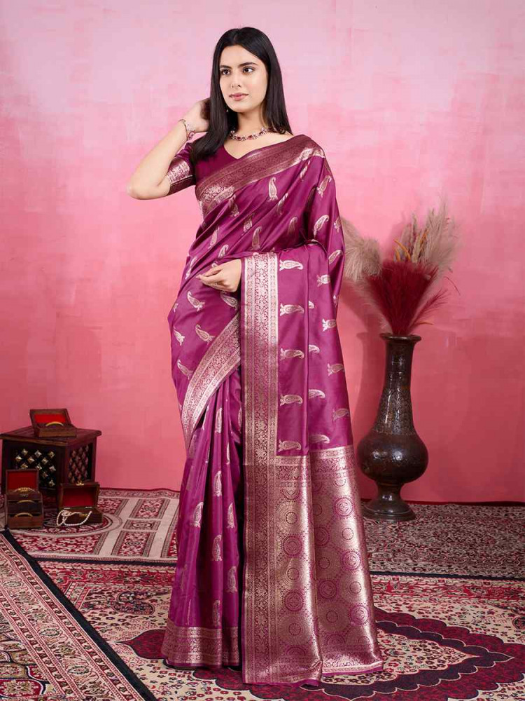 Image of Wine Kanjivaram Silk Handwoven Festival Wedding Fancy Heavy Border Saree