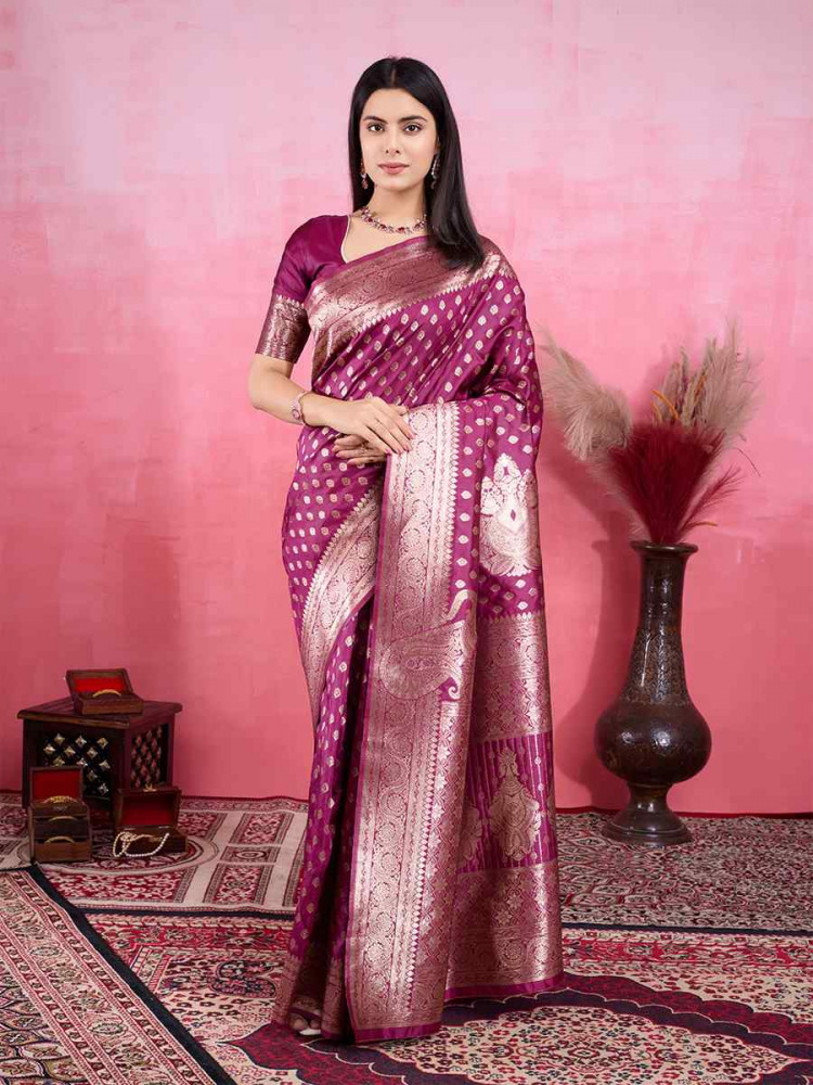 Image of Wine Kanjivaram Silk Handwoven Festival Wedding Fancy Heavy Border Saree
