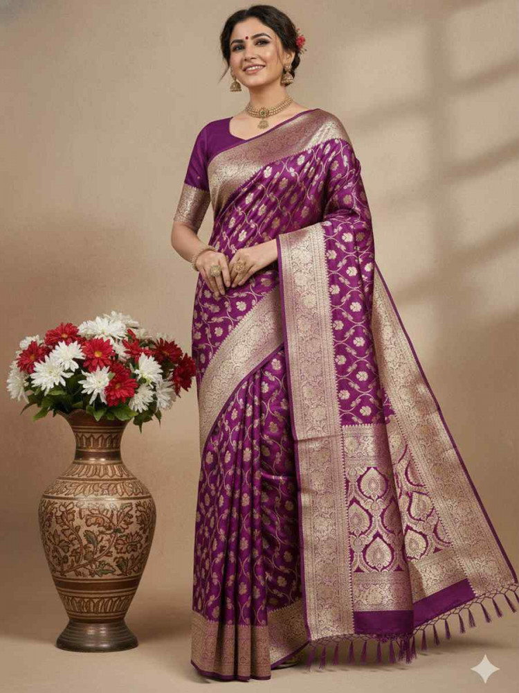 Image of Wine Kanjivaram silk Handwoven Zari Bridal Reception Festival Wedding Fancy Heavy Border Saree