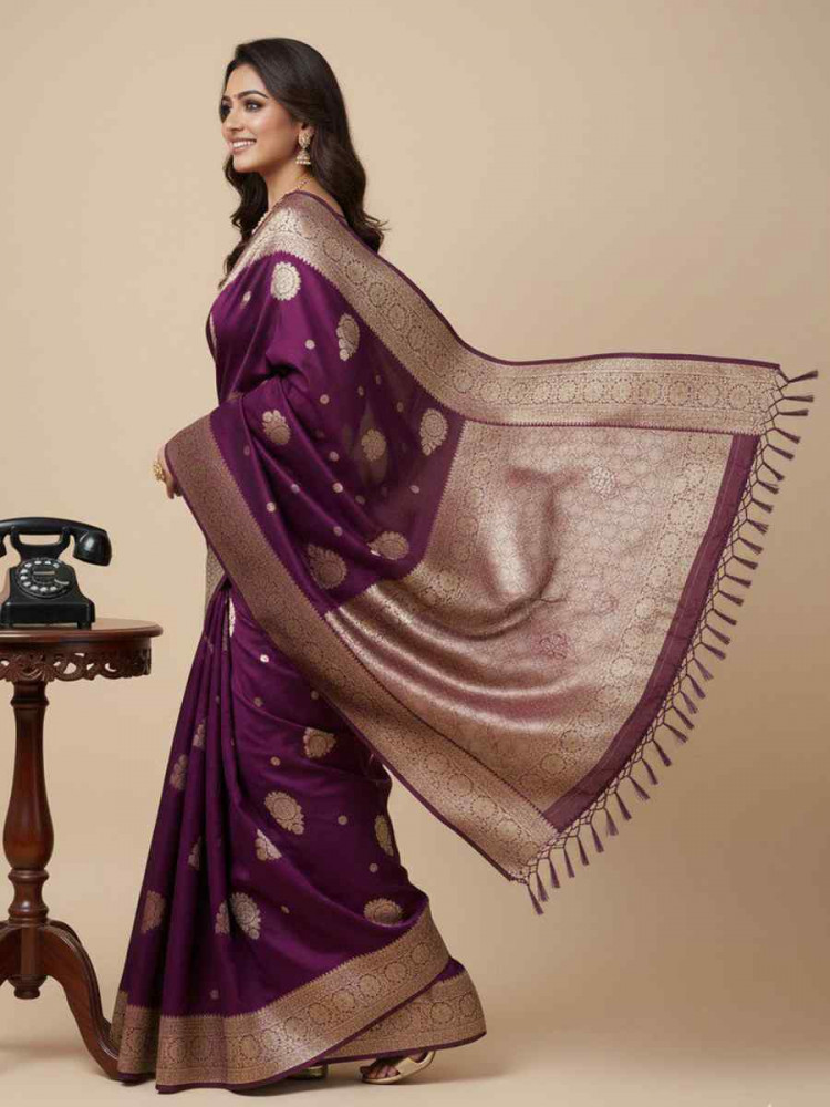 Image of Wine Kanjivaram silk Handwoven Zari Bridal Reception Festival Wedding Fancy Heavy Border Saree
