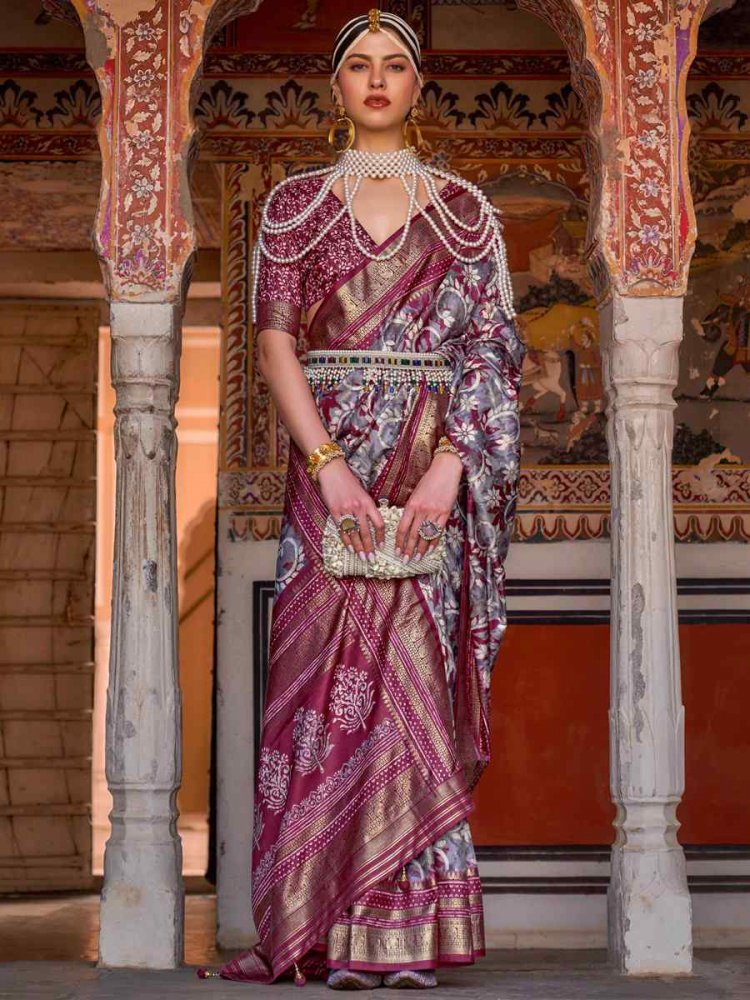 Wine Mercetized Sigma Silk Printed Casual Festival Contemporary Saree