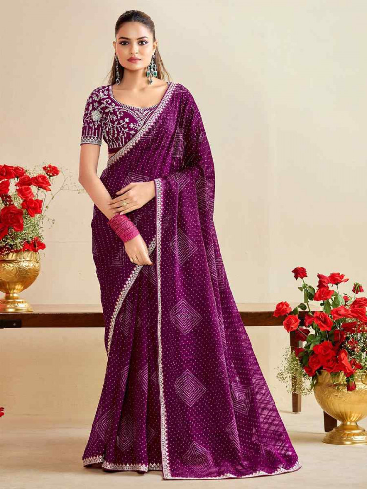 Image of Wine Moss Chiffon Embroidery Party Bridal Reception Festival Wedding Fancy Heavy Border Saree