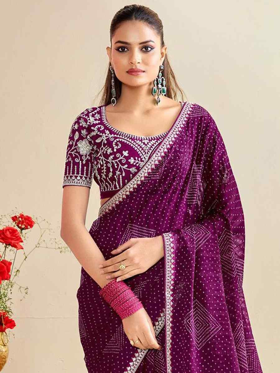 Wine Moss Chiffon Embroidery Party Bridal Reception Festival Wedding Fancy Heavy Border Saree