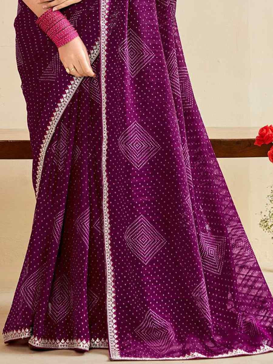 Wine Moss Chiffon Embroidery Party Bridal Reception Festival Wedding Fancy Heavy Border Saree