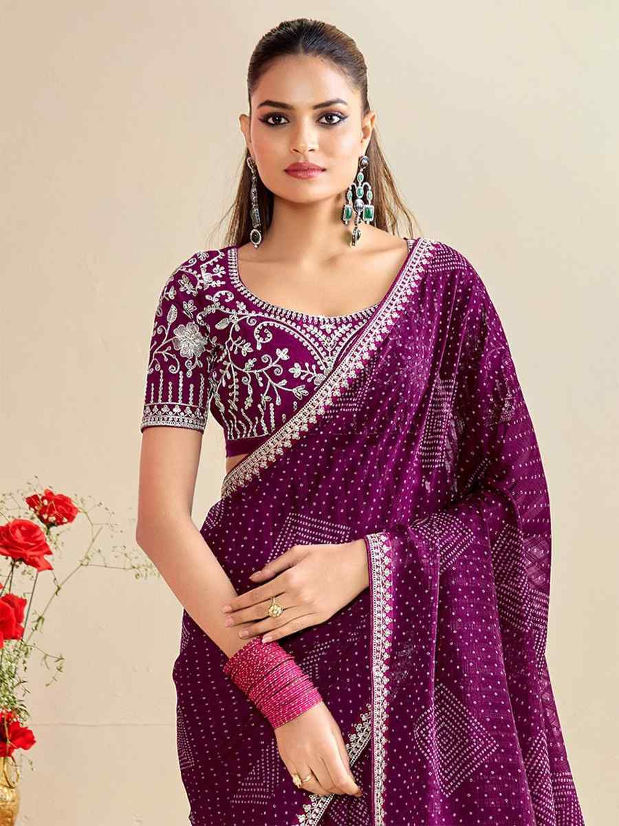Wine Moss Chiffon Embroidery Party Bridal Reception Festival Wedding Fancy Heavy Border Saree