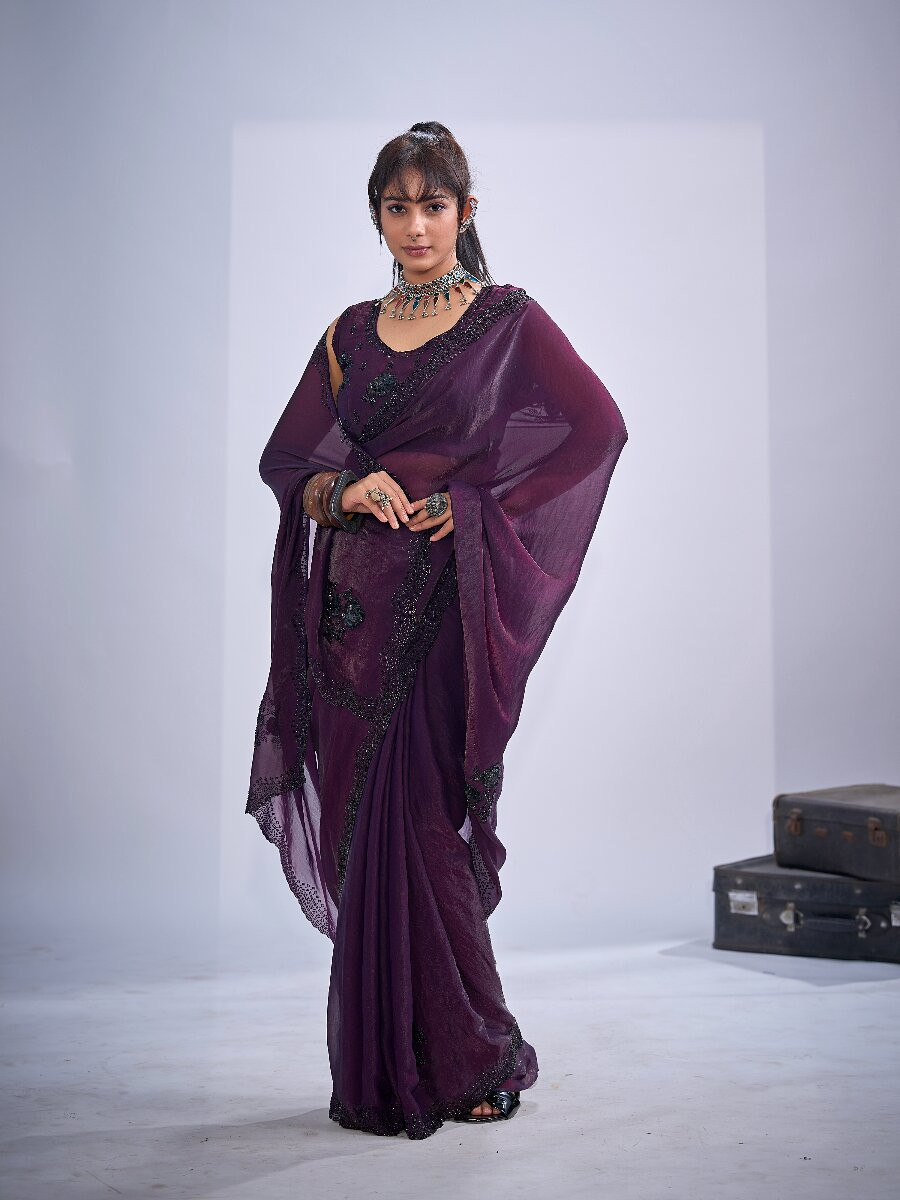 Wine NC Satin Silk Stone Work 3d Sequence Festival Wedding Fancy Classic Heavy Border Saree
