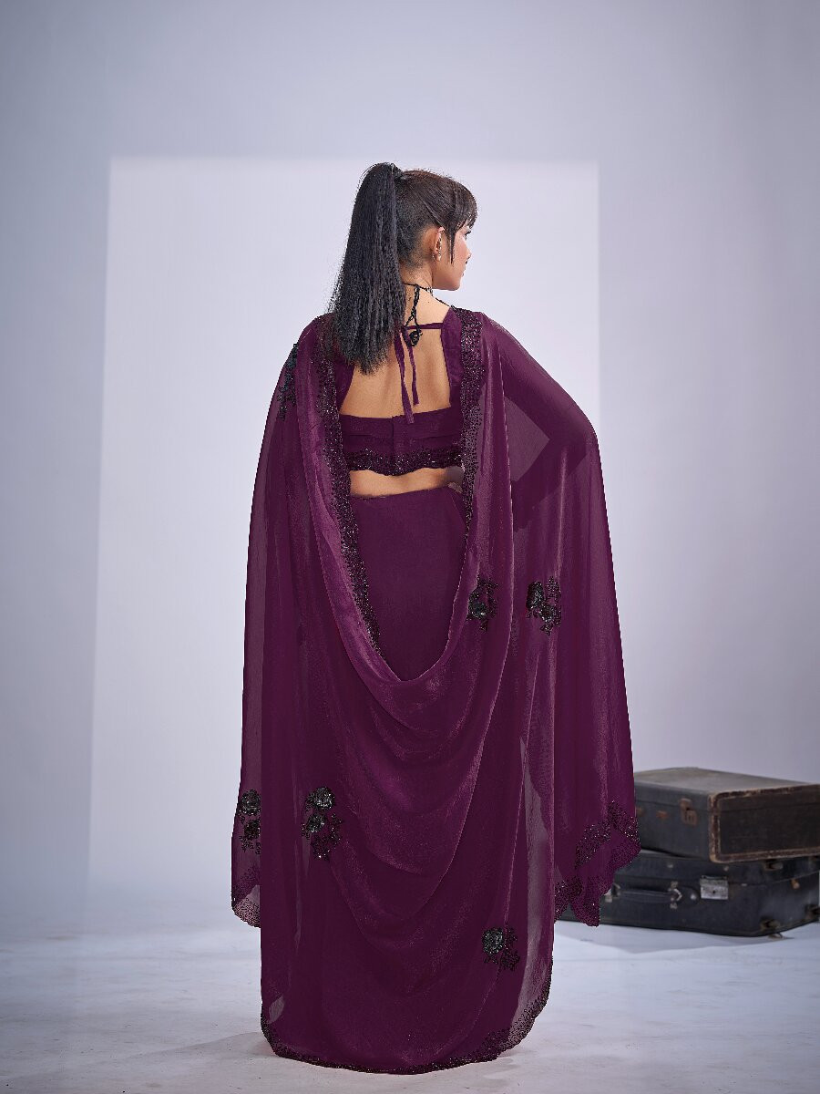 Wine NC Satin Silk Stone Work 3d Sequence Festival Wedding Fancy Classic Heavy Border Saree