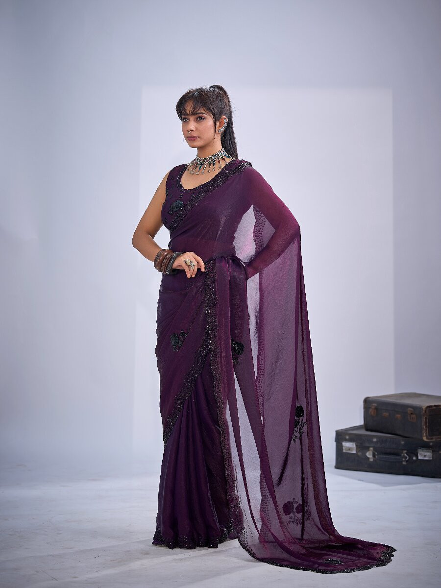 Wine NC Satin Silk Stone Work 3d Sequence Festival Wedding Fancy Classic Heavy Border Saree