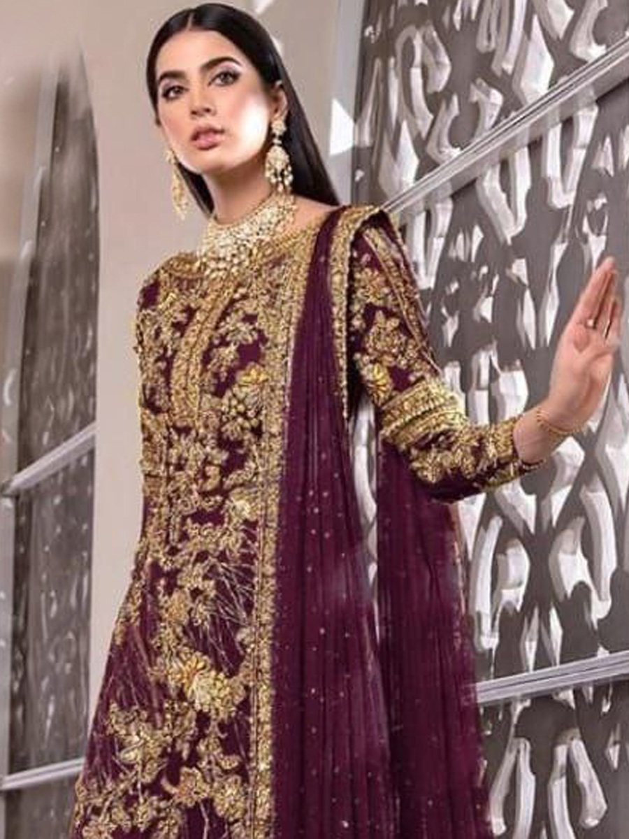 Wine Net Embroidered Festival Party Pant Salwar Kameez