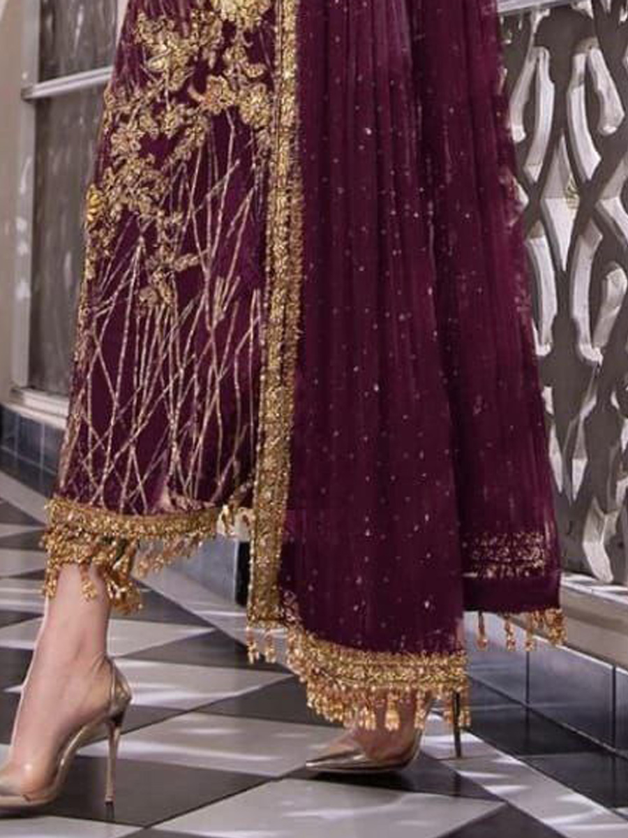 Wine Net Embroidered Festival Party Pant Salwar Kameez