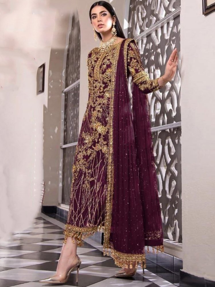 Wine Net Embroidered Festival Party Pant Salwar Kameez