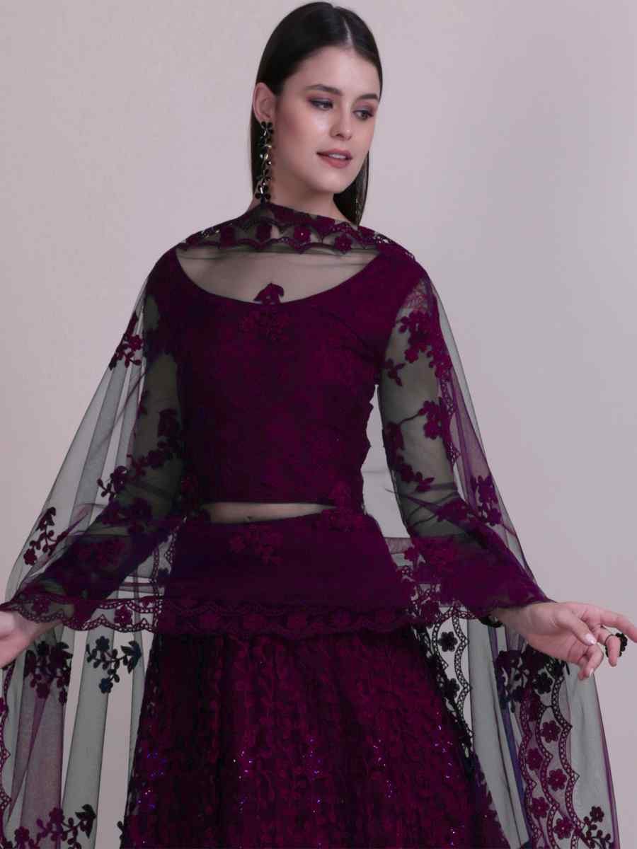 Wine Net Embroidered Festival Party Wear Circular Lehenga Choli