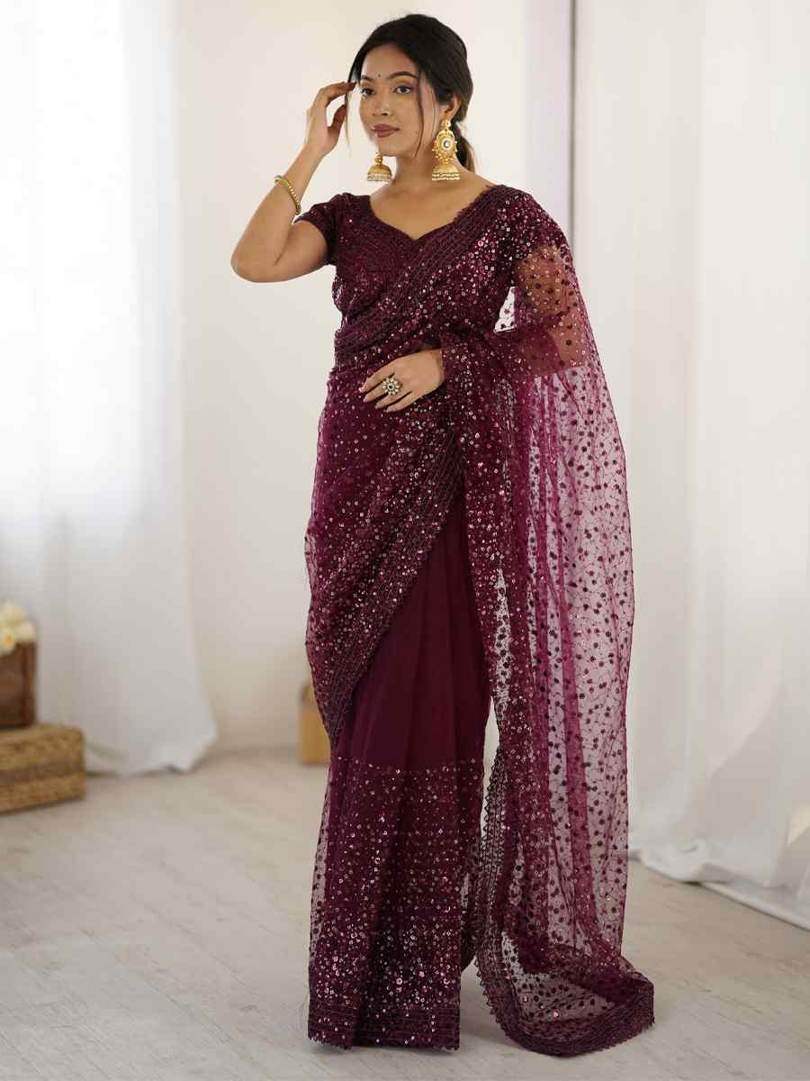 Wine Net Embroidered Festival Wedding Fancy Heavy Border Saree