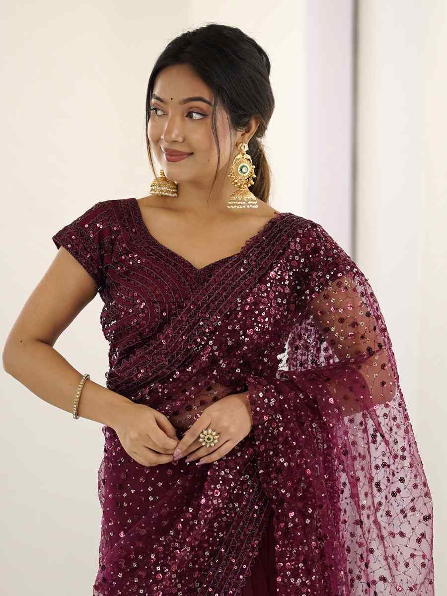 Wine Net Embroidered Festival Wedding Fancy Heavy Border Saree