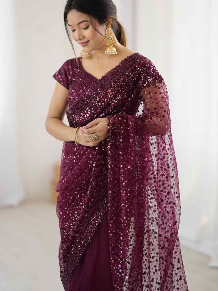 Wine Net Embroidered Festival Wedding Fancy Heavy Border Saree