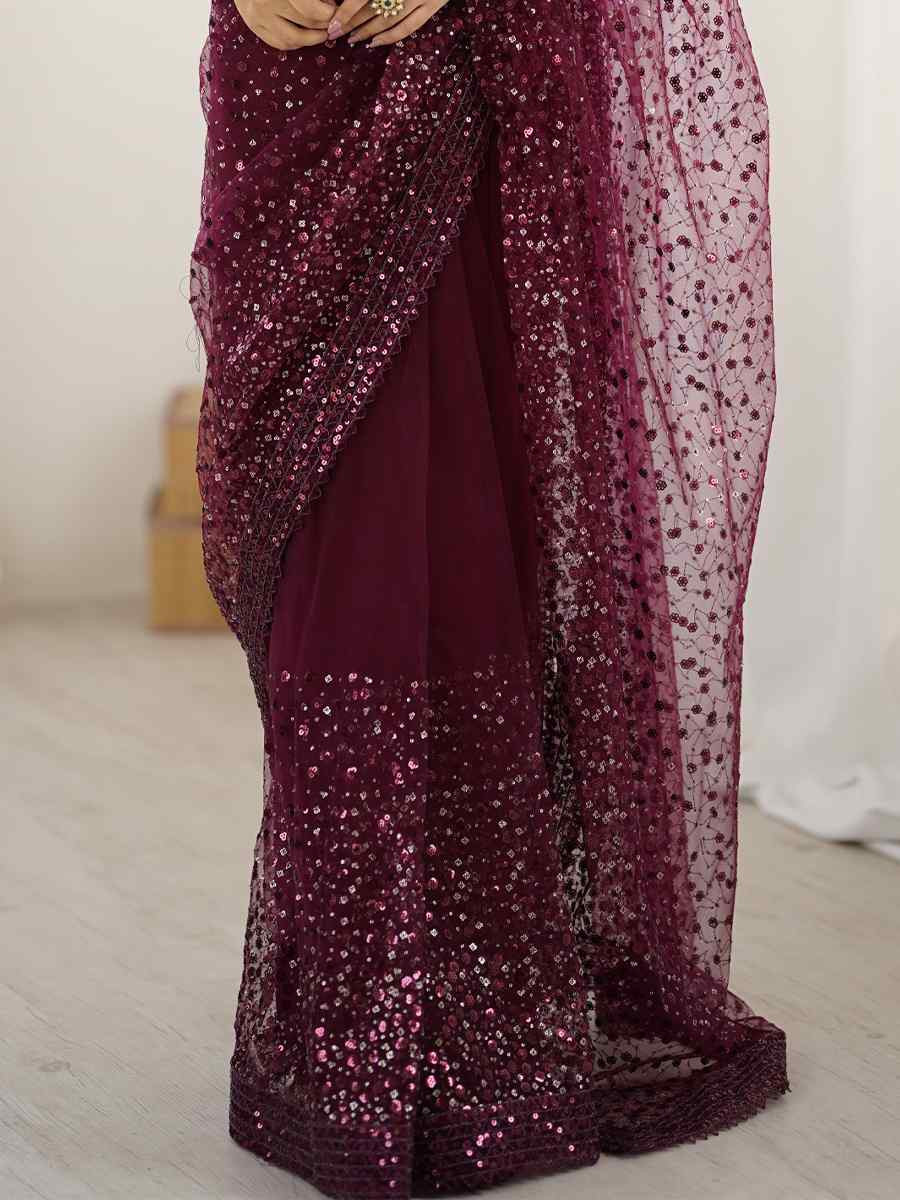 Wine Net Embroidered Festival Wedding Fancy Heavy Border Saree
