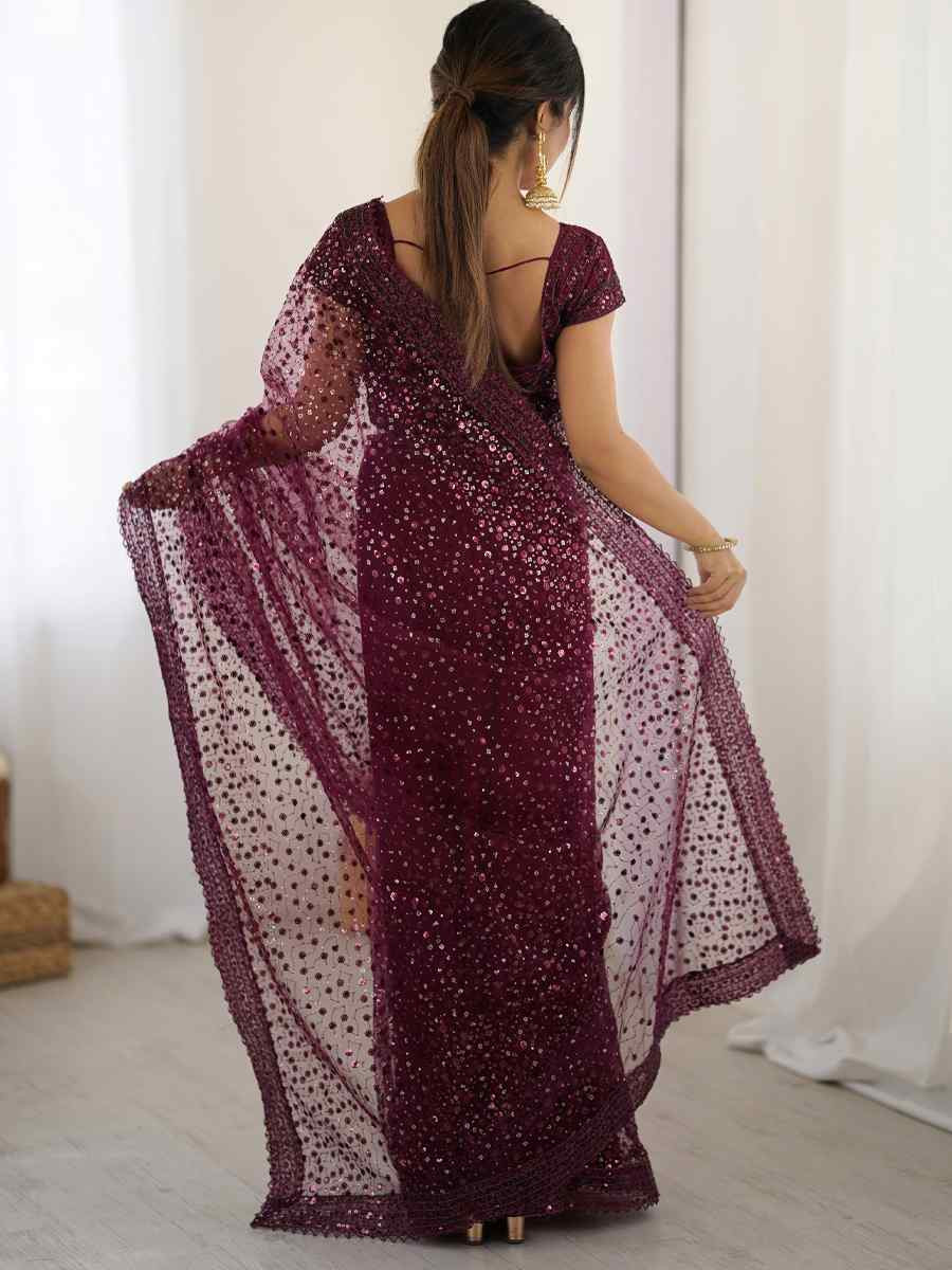 Wine Net Embroidered Festival Wedding Fancy Heavy Border Saree
