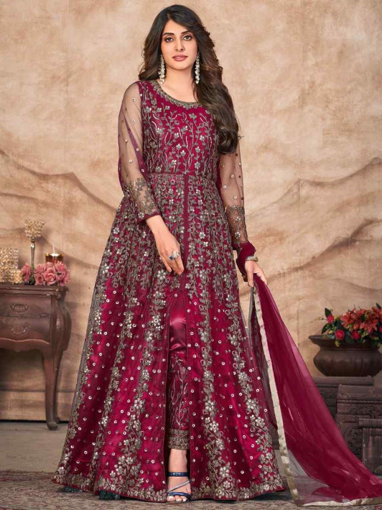 Wine Net Embroidered Party Wedding Lawn Salwar Kameez
