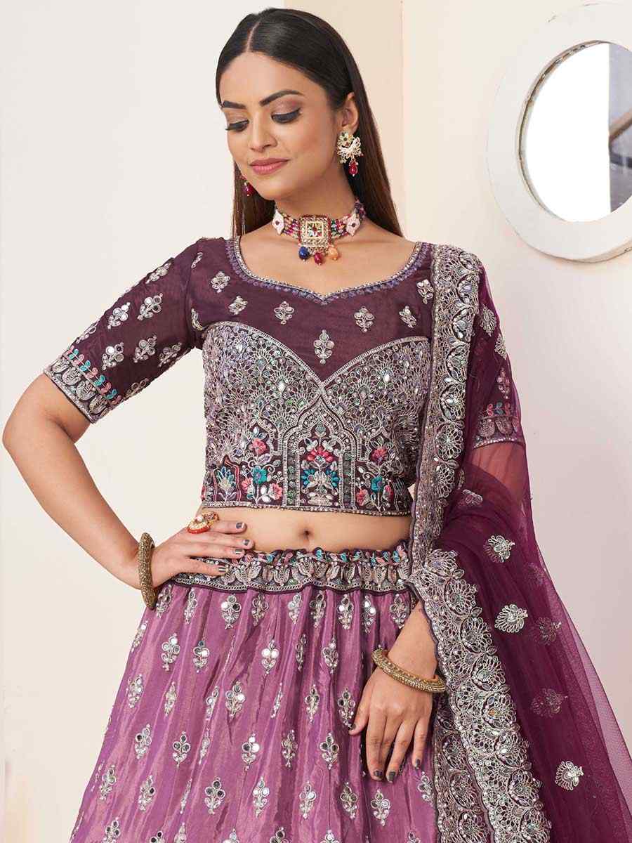 Wine Net Embroidered Reception Wedding Heavy Border Lehenga Choli