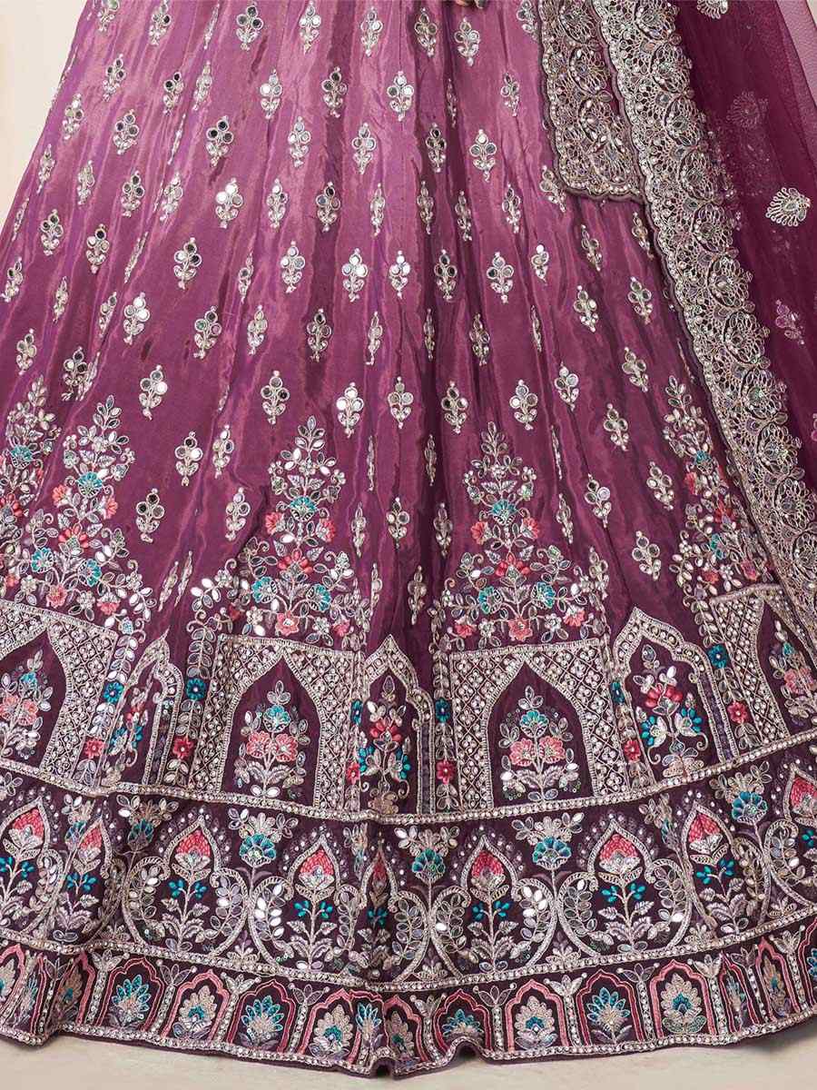 Wine Net Embroidered Reception Wedding Heavy Border Lehenga Choli