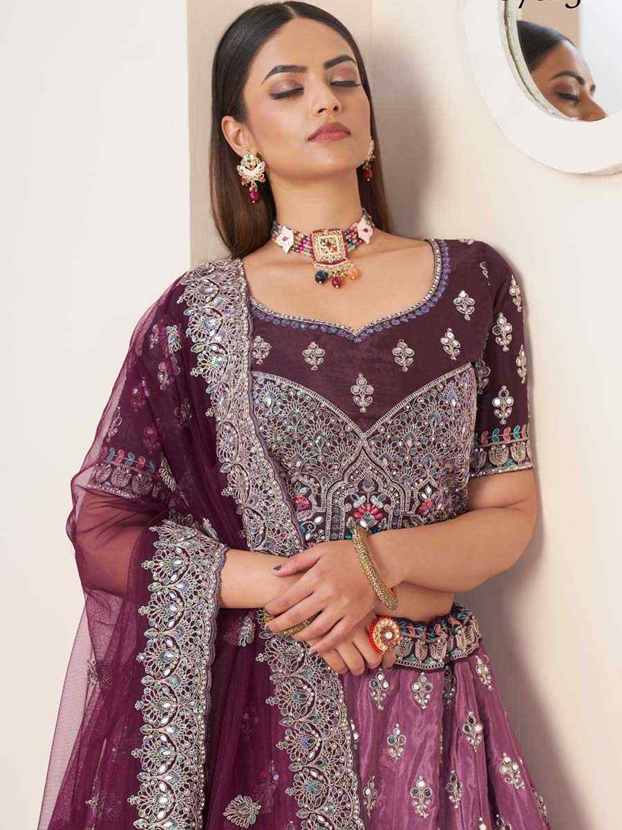 Wine Net Embroidered Reception Wedding Heavy Border Lehenga Choli