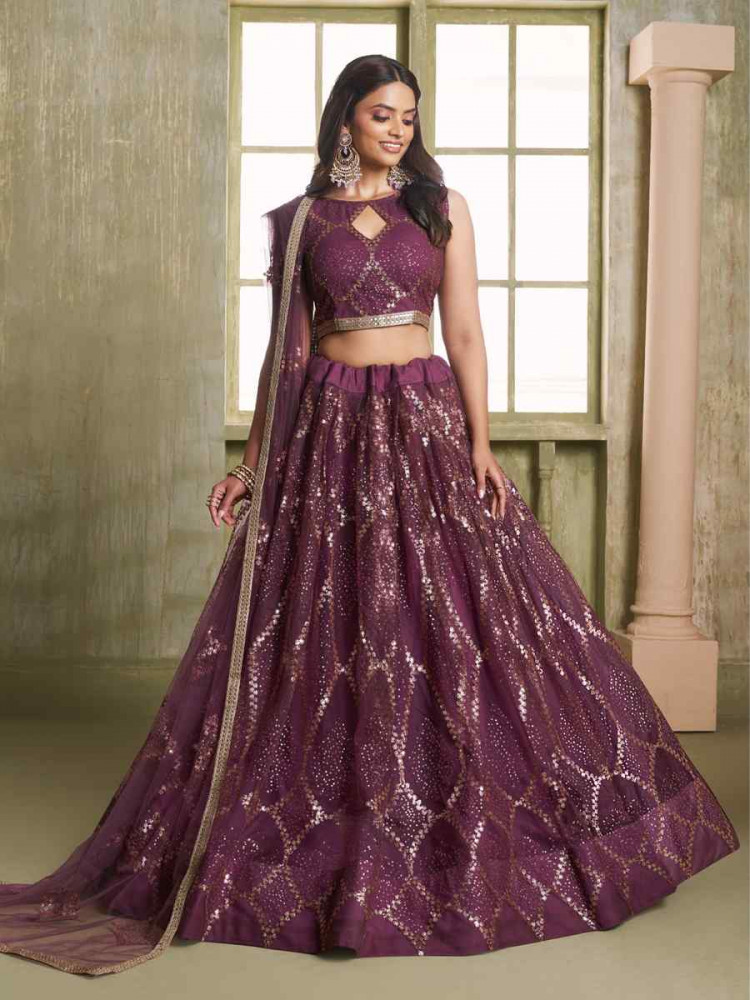 Image of Wine Net Embroidered Wedding Reception Festival Heavy Border Lehenga Choli