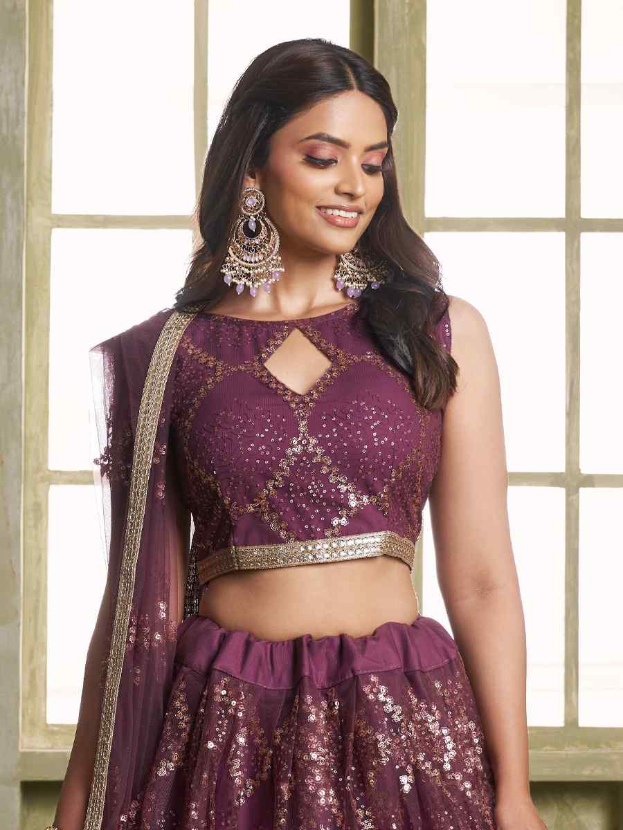 Wine Net Embroidered Wedding Reception Festival Heavy Border Lehenga Choli