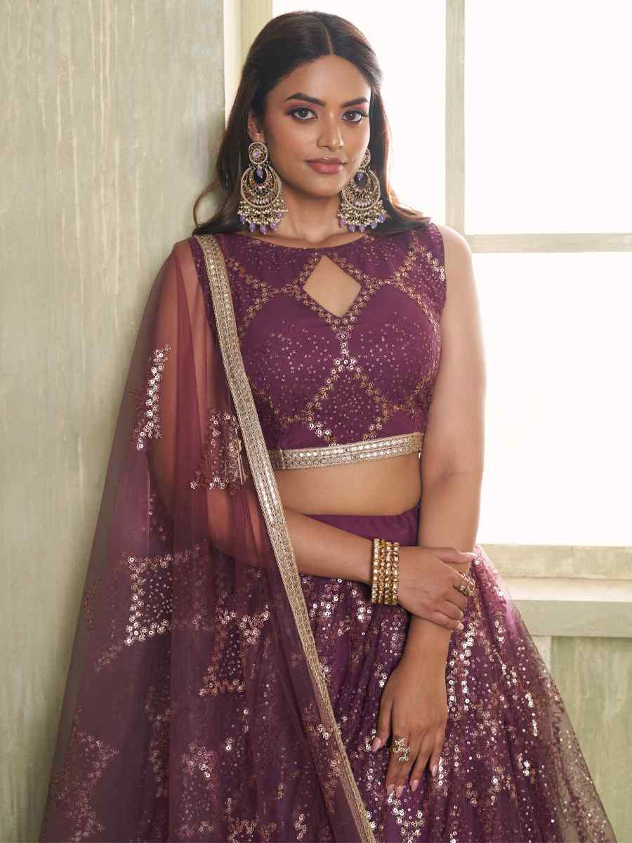 Wine Net Embroidered Wedding Reception Festival Heavy Border Lehenga Choli