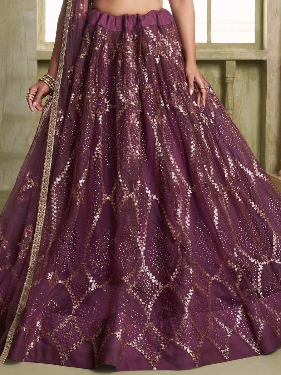 Wine Net Embroidered Wedding Reception Festival Heavy Border Lehenga Choli