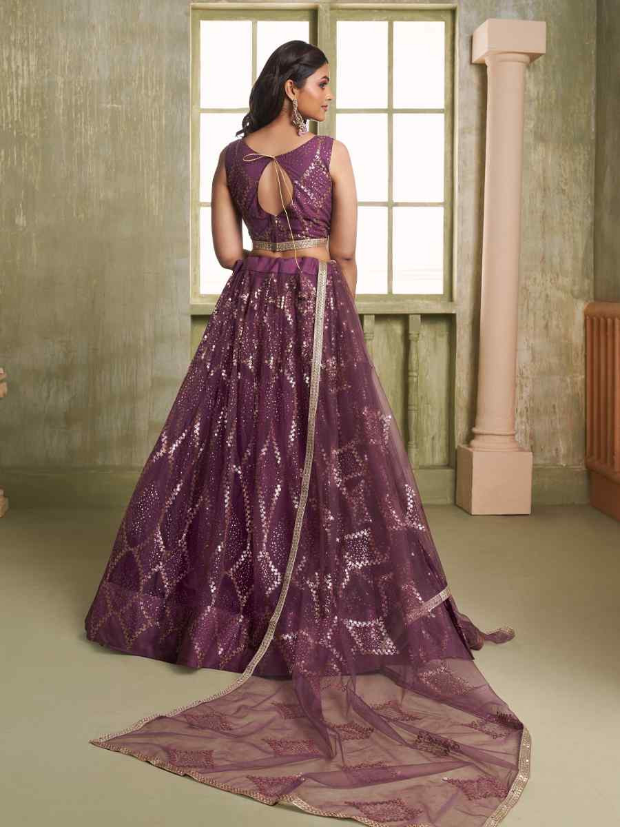 Wine Net Embroidered Wedding Reception Festival Heavy Border Lehenga Choli
