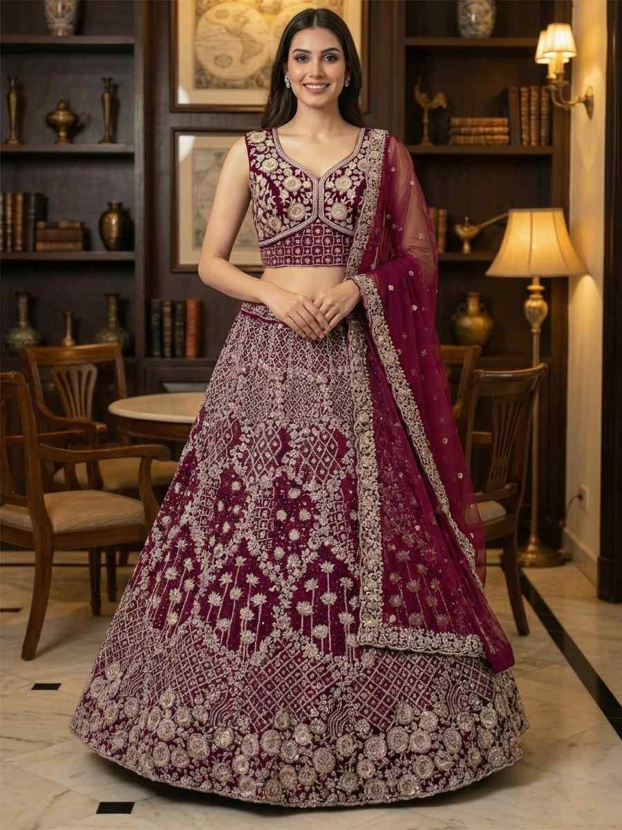 Wine Net Embroidery Wedding Reception Festival Heavy Border Lehenga Choli