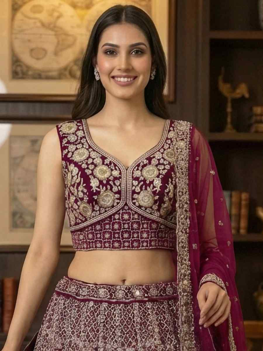 Wine Net Embroidery Wedding Reception Festival Heavy Border Lehenga Choli
