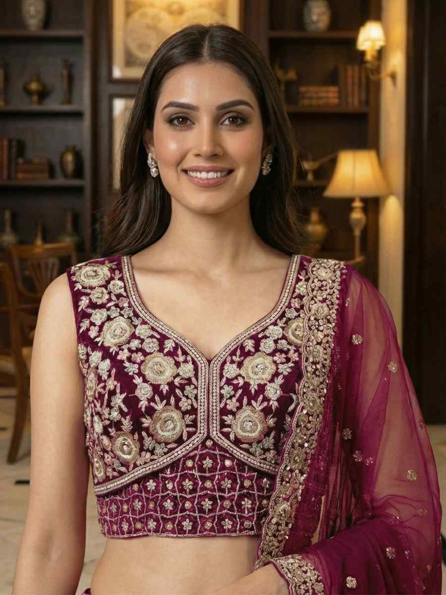 Wine Net Embroidery Wedding Reception Festival Heavy Border Lehenga Choli