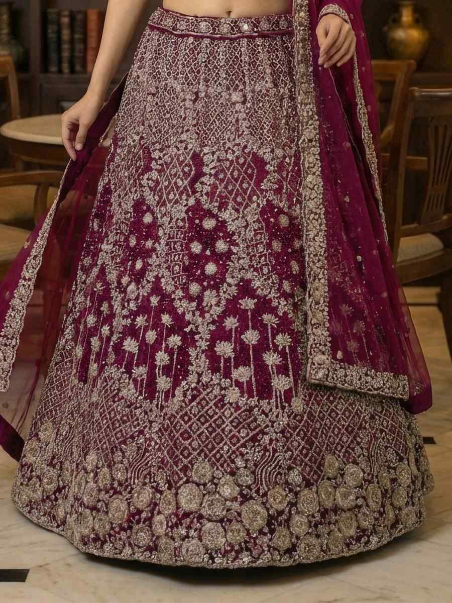 Wine Net Embroidery Wedding Reception Festival Heavy Border Lehenga Choli