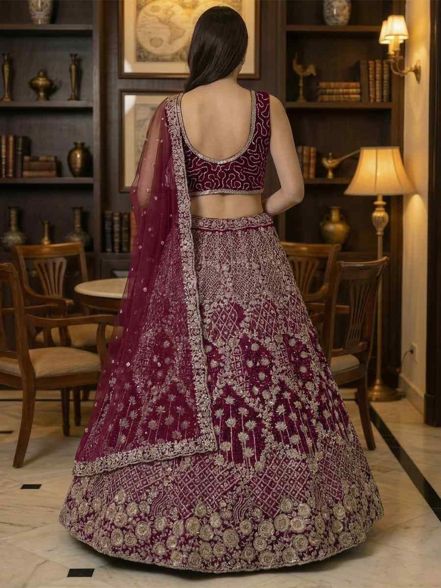 Wine Net Embroidery Wedding Reception Festival Heavy Border Lehenga Choli