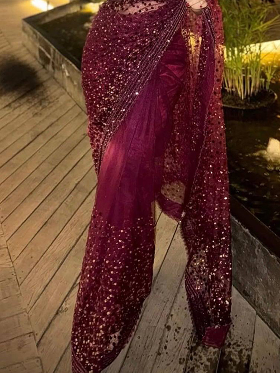 Wine Net Sequins Wedding Party Festival Cocktail Fancy Heavy Border Saree