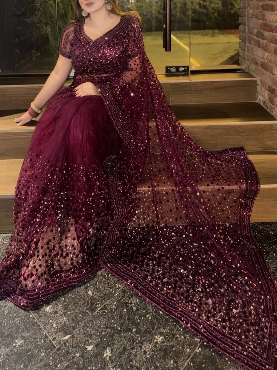 Wine Net Sequins Wedding Party Festival Cocktail Fancy Heavy Border Saree