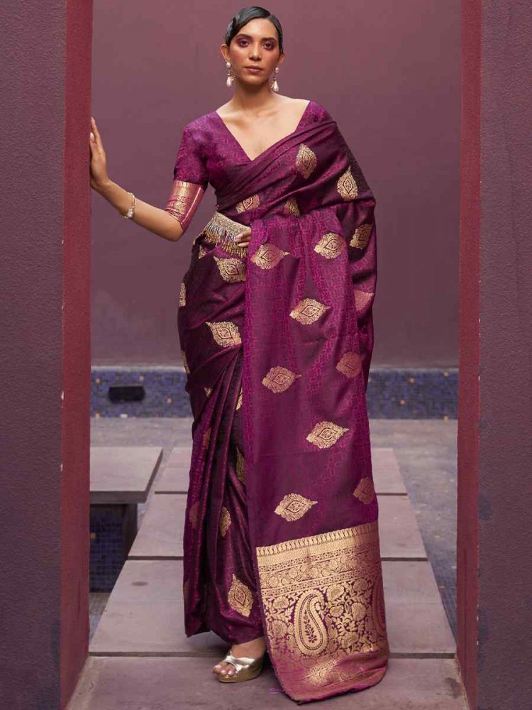 Wine Nylon Satin Handwoven Party Festival Classic Style Saree