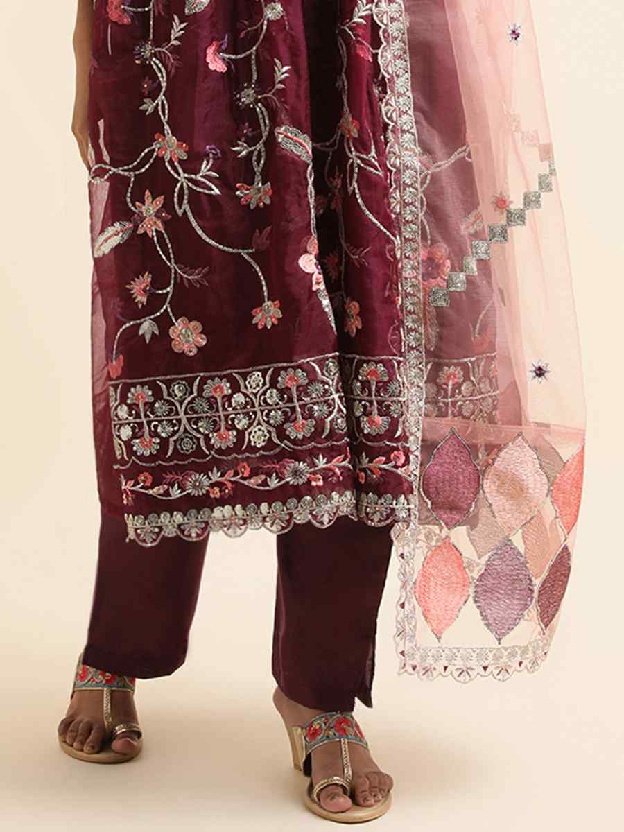 Wine Organza Embroidered Festival Party Pant Salwar Kameez