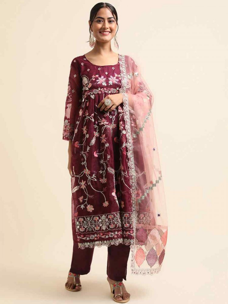 Wine Organza Embroidered Festival Party Pant Salwar Kameez