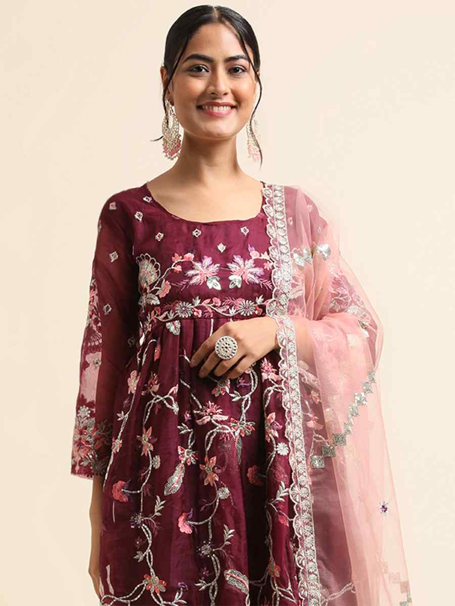 Wine Organza Embroidered Festival Party Pant Salwar Kameez