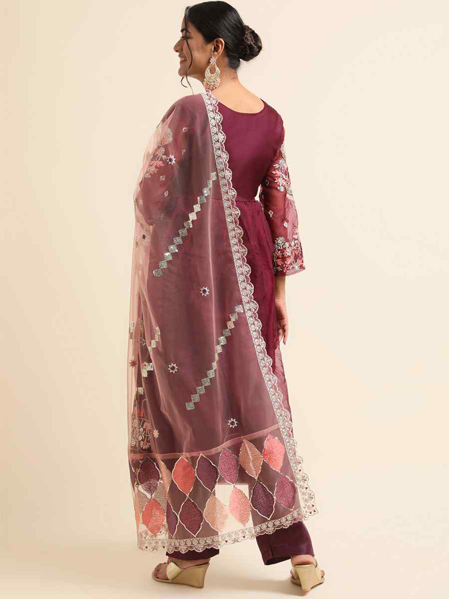 Wine Organza Embroidered Festival Party Pant Salwar Kameez