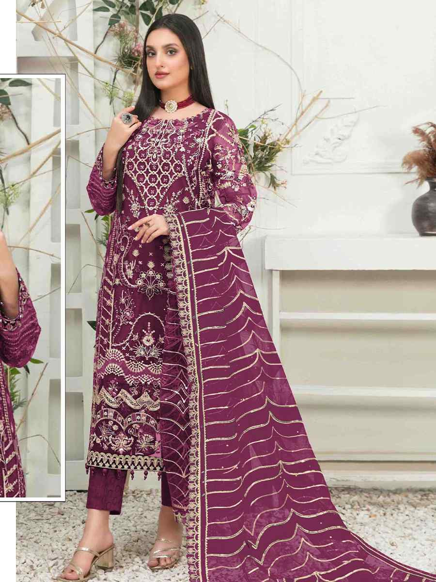 Wine Organza Embroidered Festival Wedding Pant Salwar Kameez