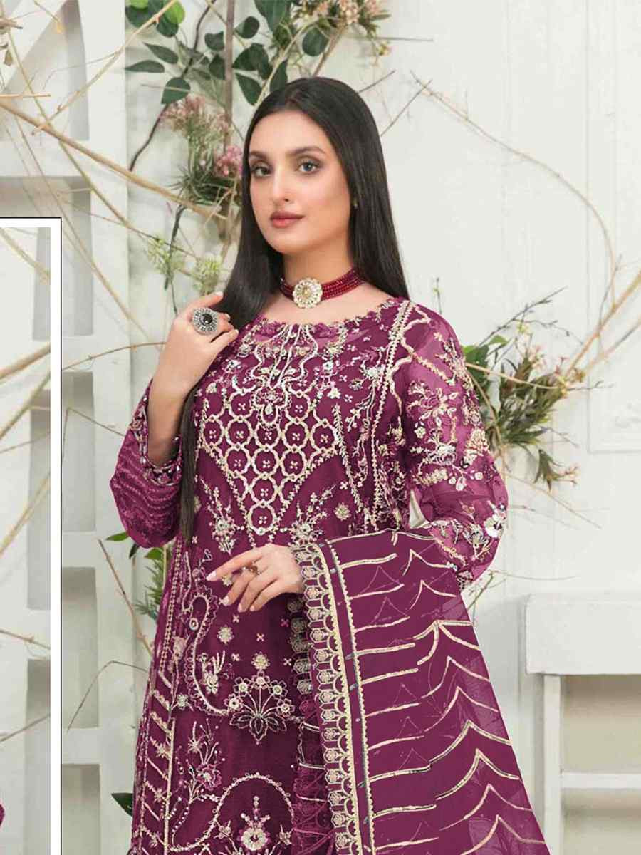 Wine Organza Embroidered Festival Wedding Pant Salwar Kameez