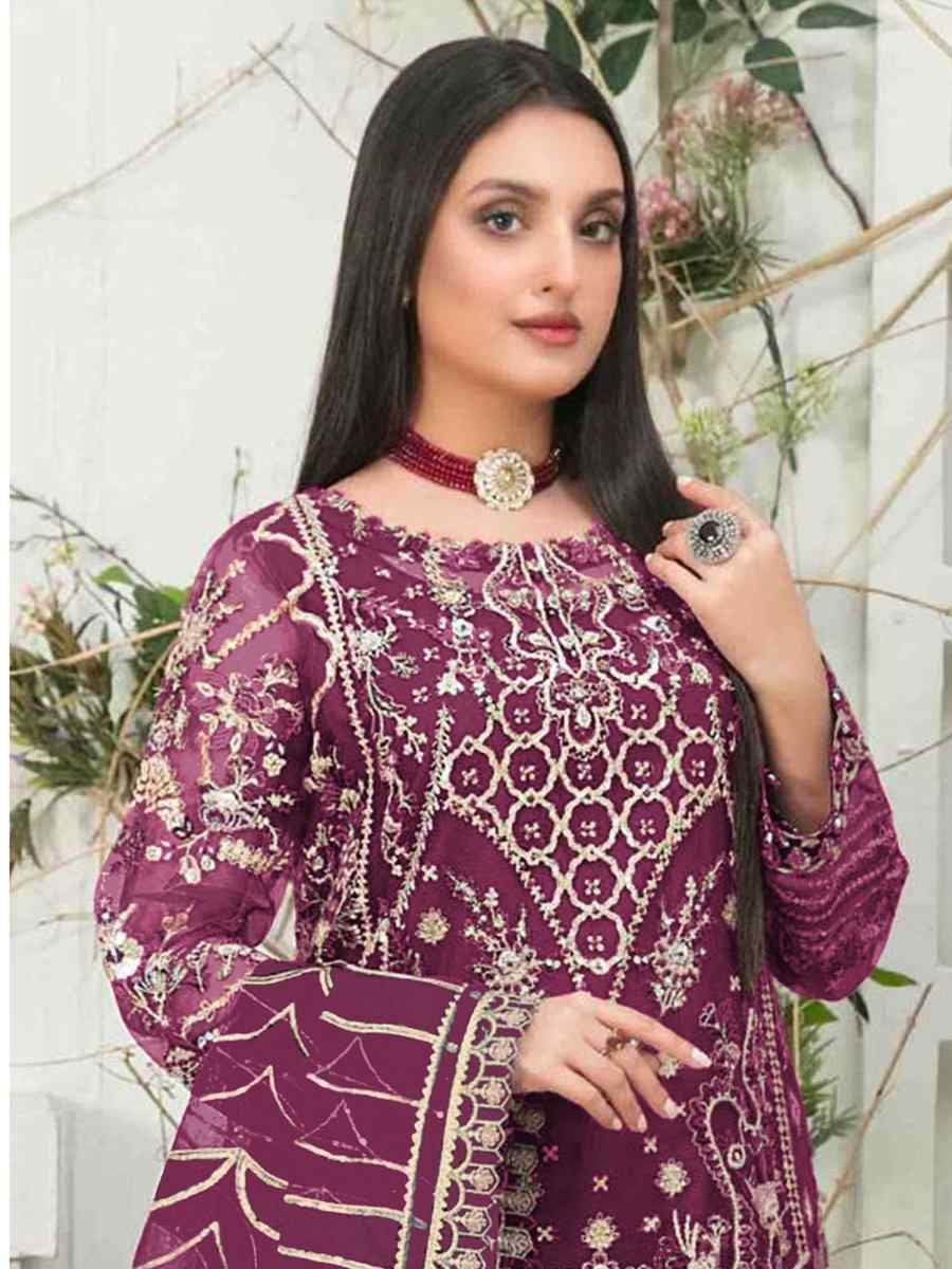 Wine Organza Embroidered Festival Wedding Pant Salwar Kameez