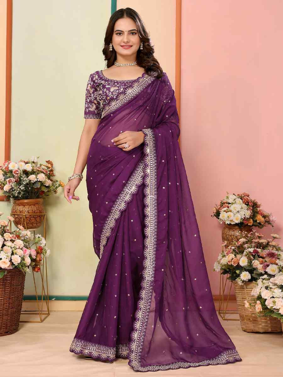 Wine Organza Embroidery Traditional Festival Reception Festival Wedding Fancy Heavy Border Saree